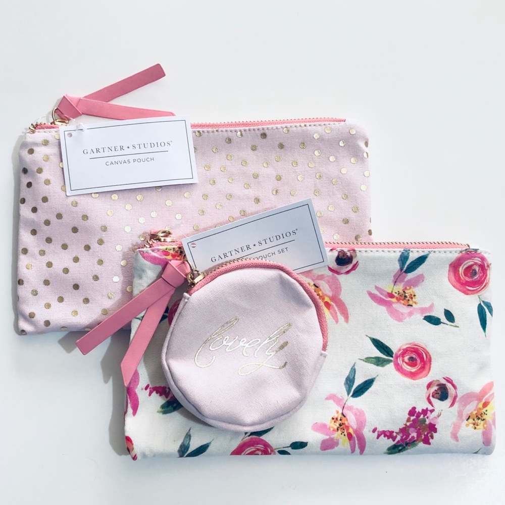 3 Pcs. Pink Gold Floral Canvas Zipper Pouch Set